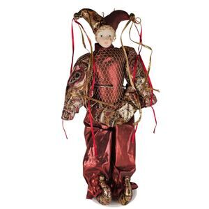 Porcelain Jester Doll 15" Red Gold Harlequin Costume Bells Ribbon Venetian Style